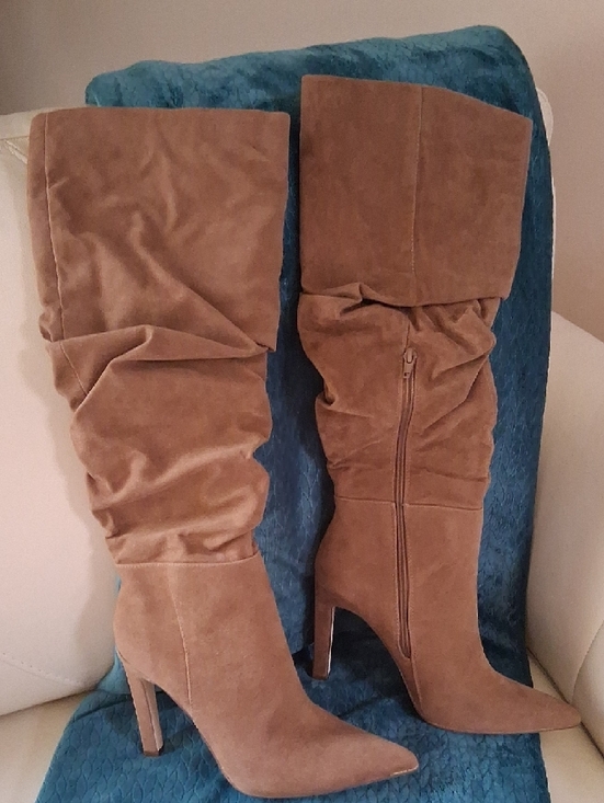 JustFab Slouchy Knee-High Boots in Tan Suede - Picture 3 of 12